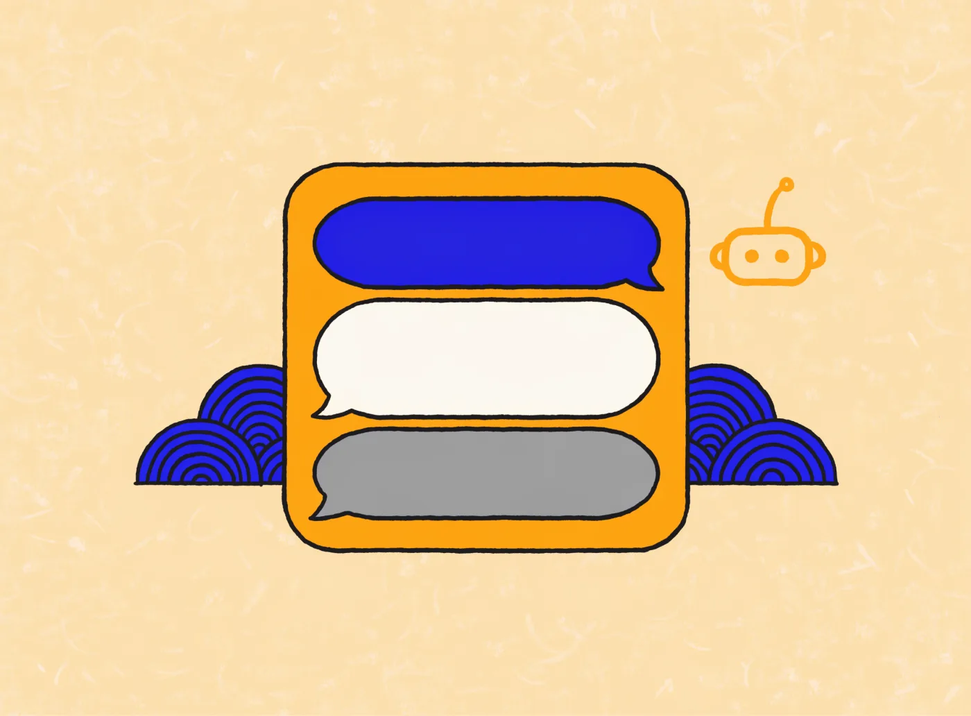 A chat thread of speech bubbles with a small robot avatar, conversational AI inside a messaging interface