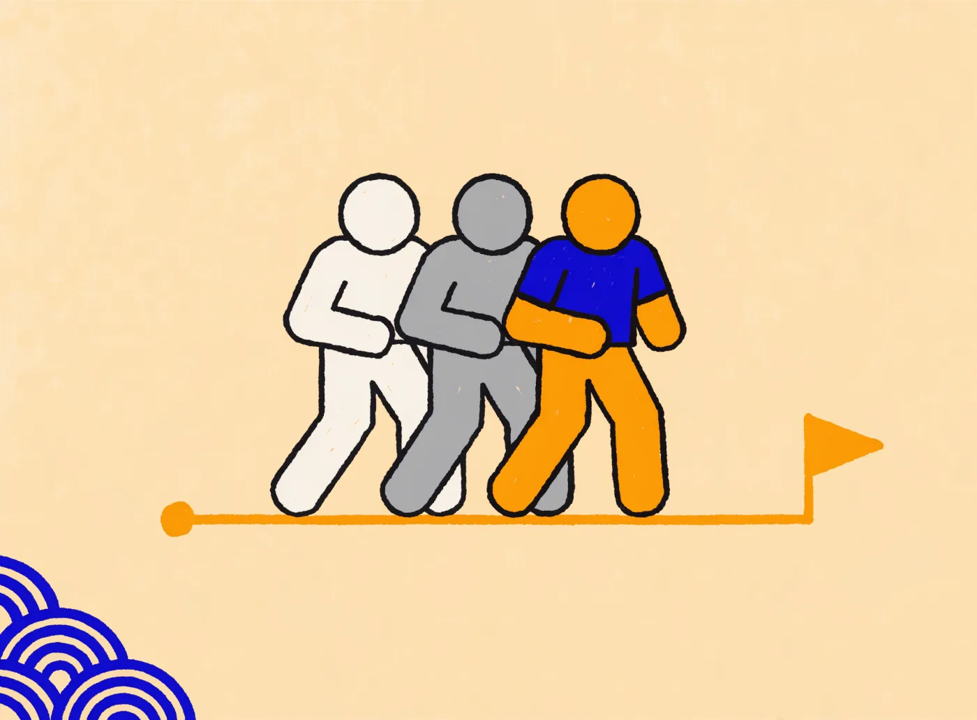 A dedicated software team of figures moving together from a start point to a finish flag